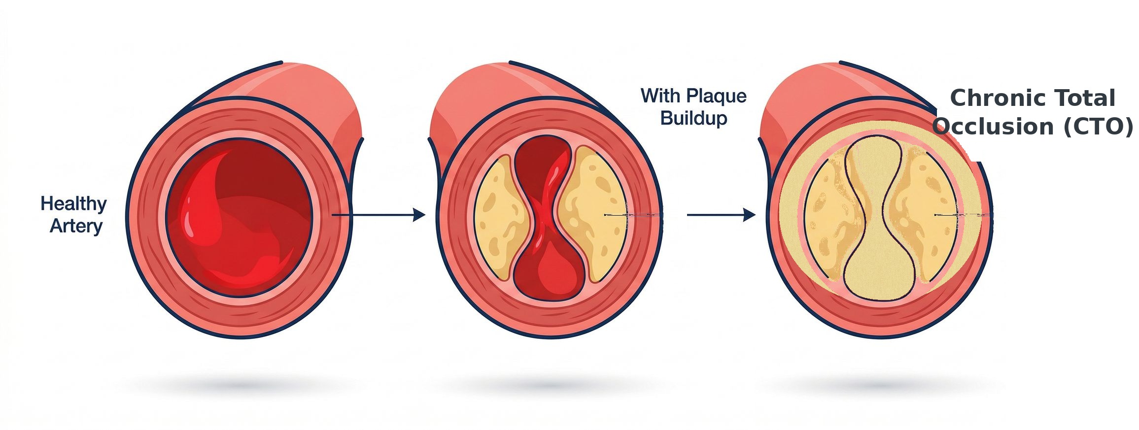 Artery progression: healthy artery, plaque buildup, and chronic total occlusion with no blood flow