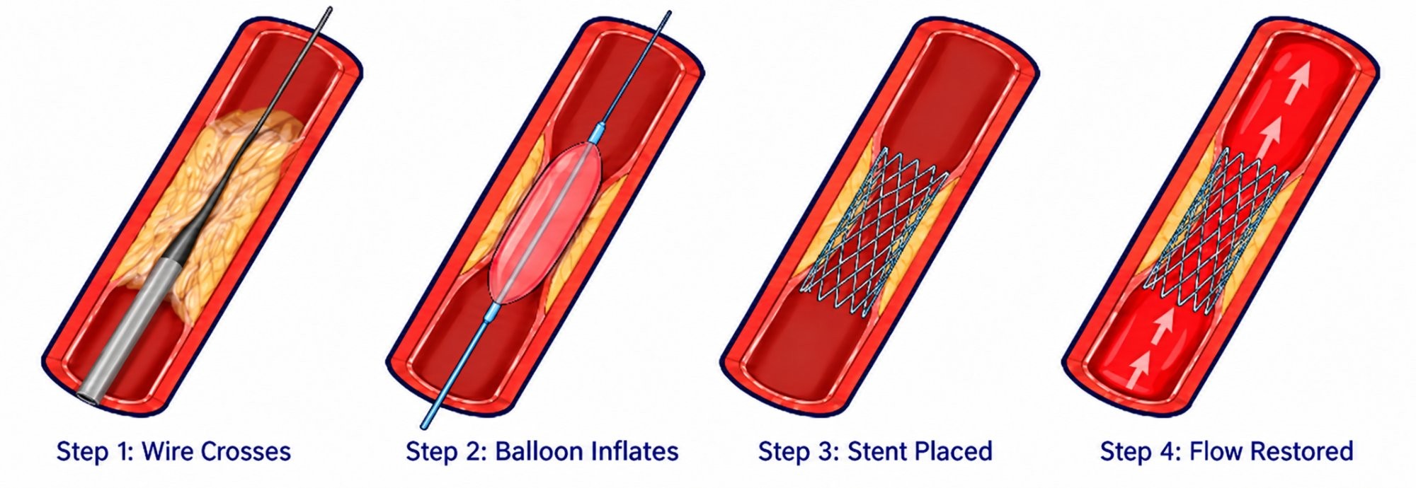 CTO PCI 4-step process: wire crossing, balloon inflation, stent placement, flow restoration