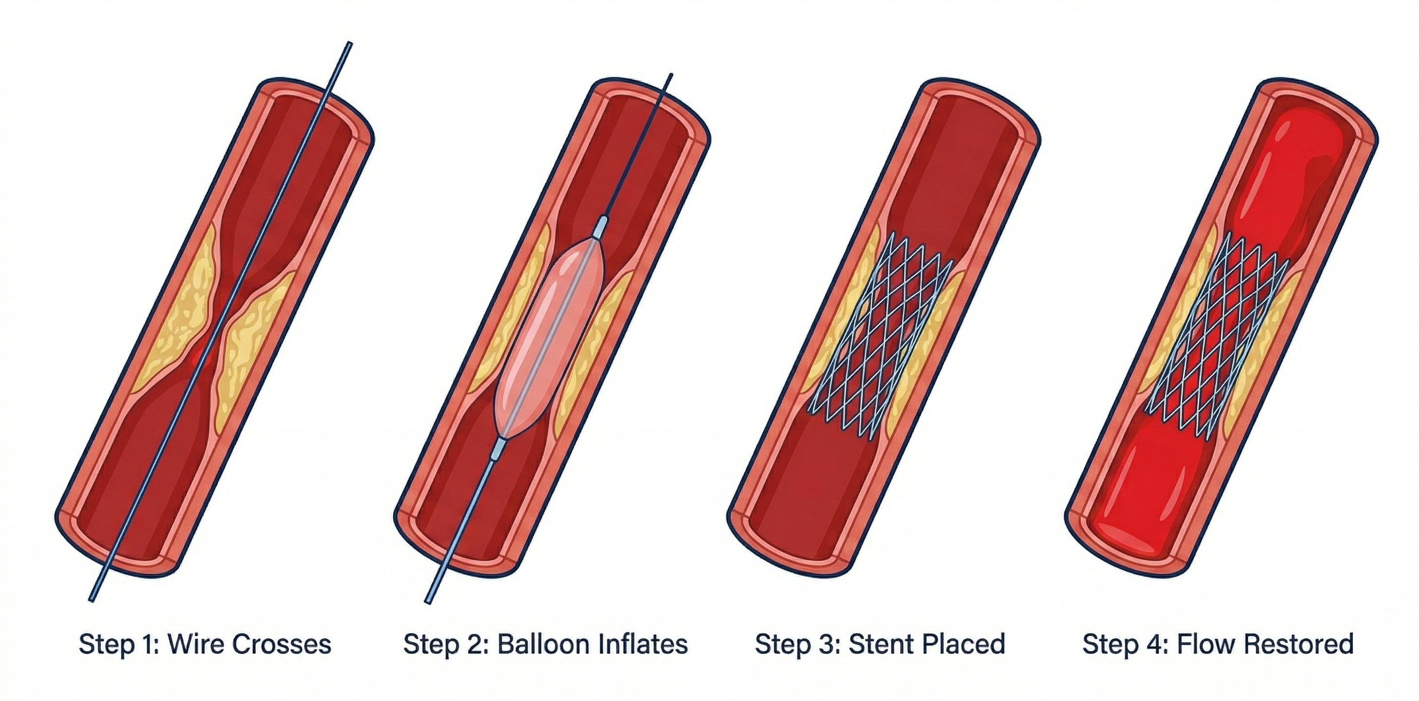 CTO PCI 4-step process: wire crossing, balloon inflation, stent placement, flow restoration