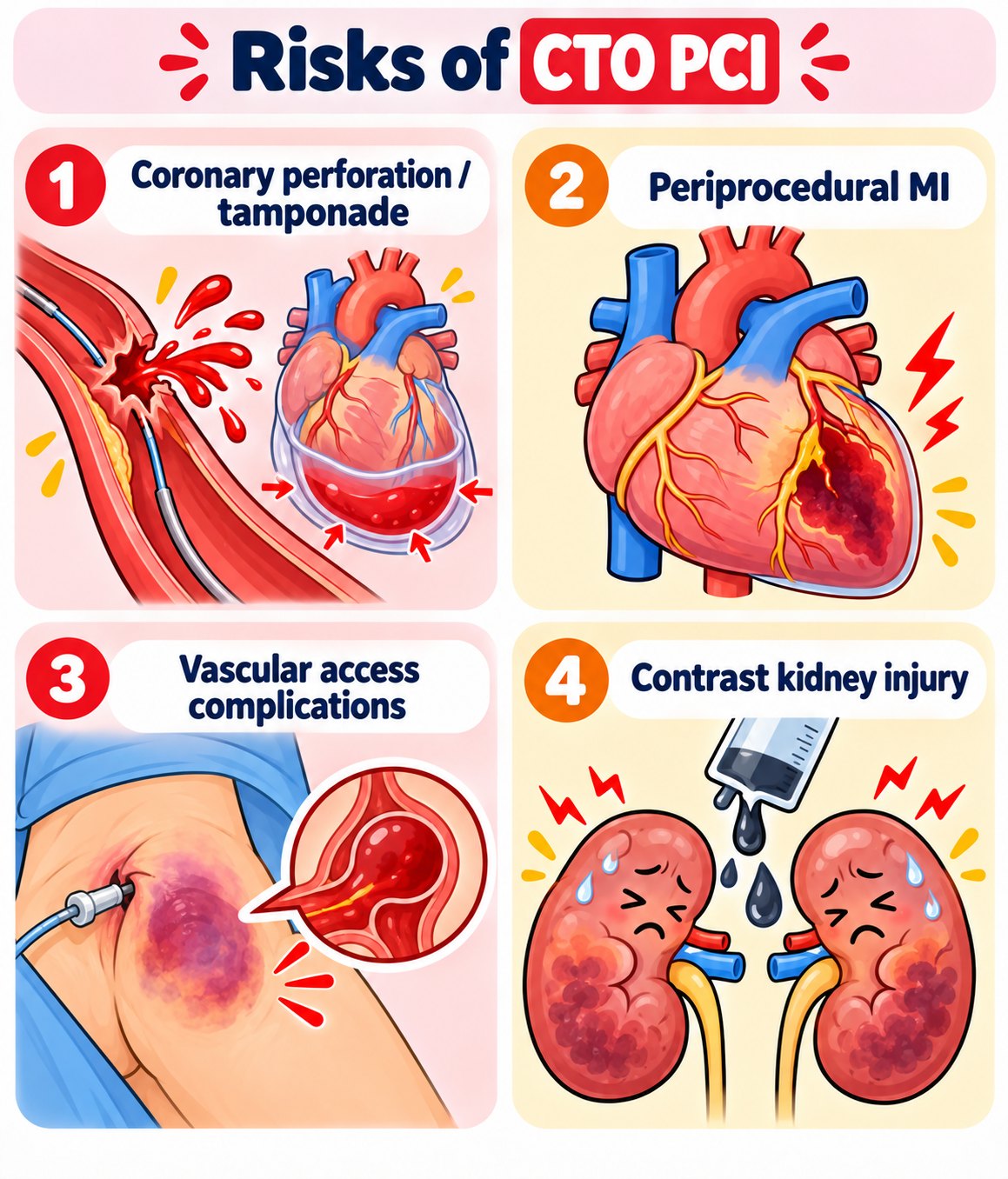 Cartoon infographic: main risks of CTO PCI — coronary perforation/tamponade, periprocedural MI, vascular access complications, contrast kidney injury