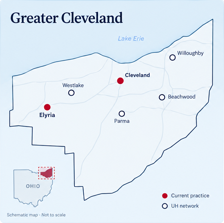 Schematic map of Greater Cleveland showing UH hospital locations: Cleveland and Elyria (current practice), Westlake, Parma, Beachwood and Willoughby (UH network)